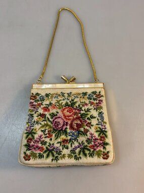 Vintage Petit Point Embroidered Tapestry Kiss Lock Closure Evening Bag